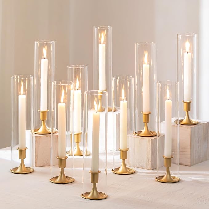 Romadedi Hurricane Candlestick Holders Gold - 10 Pcs Taper Candle Holders Bulk Tall Clear Glass Cylinder for Wedding Table Centerpieces Party Decor Birthday Christmas Home Decorations