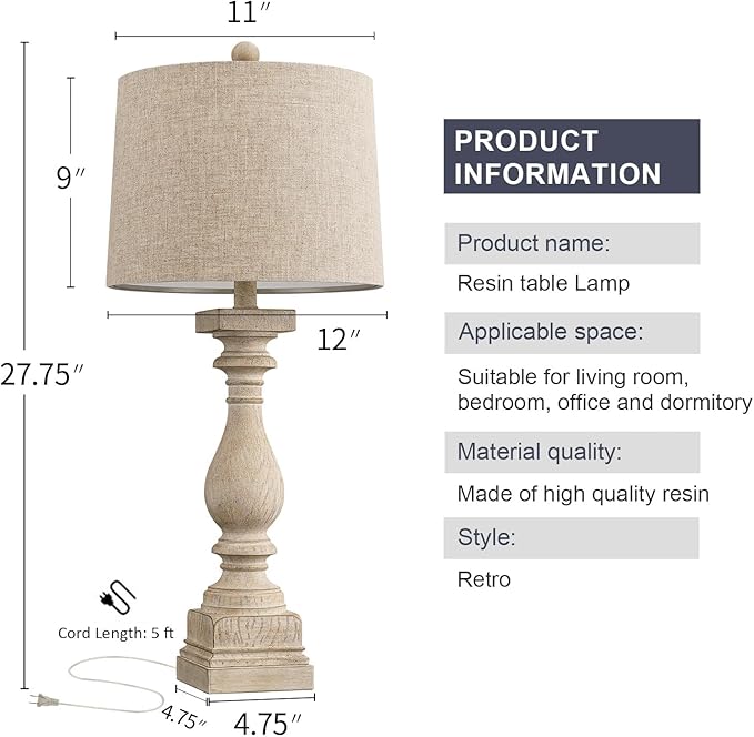 BOBOMOMO Retro 27" USB Charging Ports A/C Wash-White Farmhouse Lamps for Bedrooms Side Table Lamps Bedside Lamp for Nightstand Living Room 1 Pack