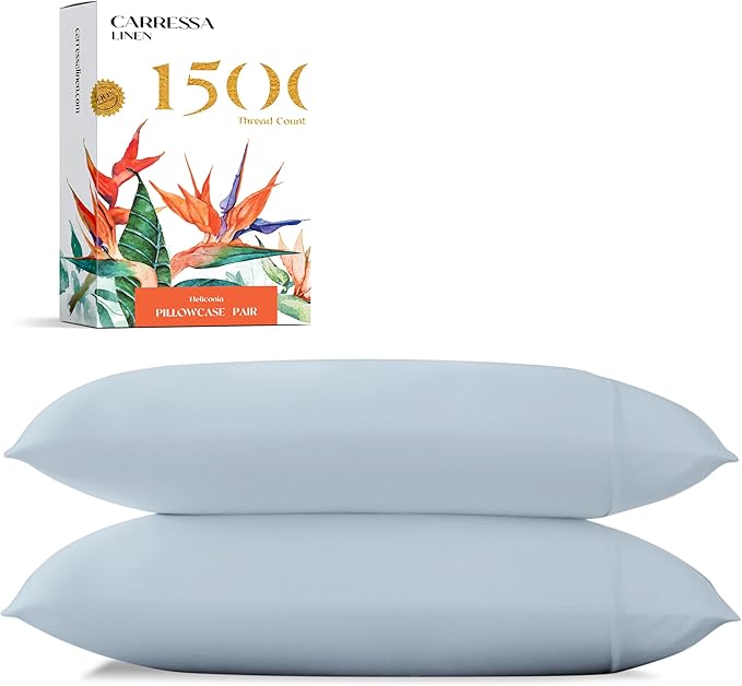 Carressa Linen 100% Egyptian Cotton Pillow Cases Standard/Queen Size Set of 2 - Luxury 1500 Thread Count Sateen Light Blue Pillow Cases, Silky Soft Cotton Pillowcases Fits Standard & Queen Pillows