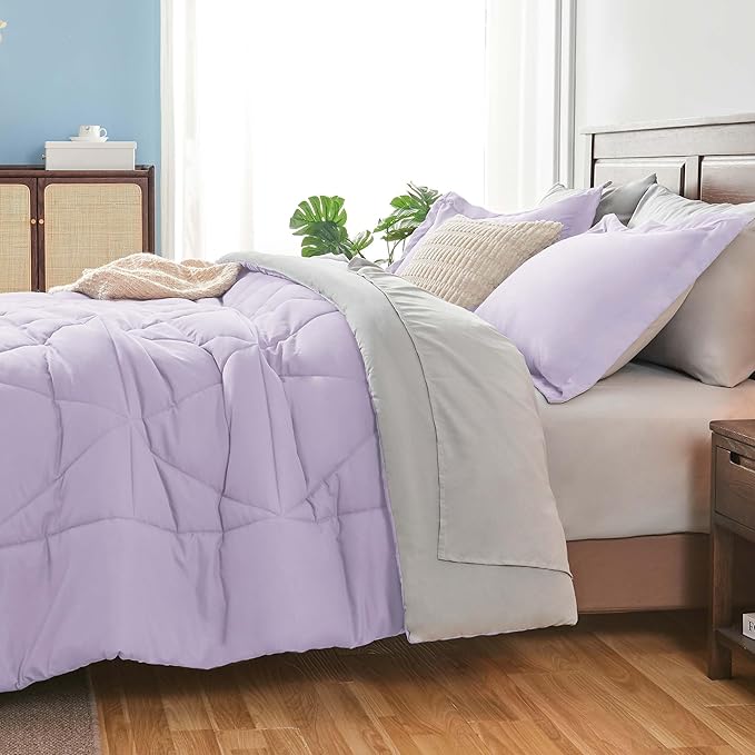BEDELITE Twin XL Comforter Set 5 Pieces Bed in A Bag - Soft Microfiber Reversible Twin Extra Long Lavender Bed Set with Comforters, Sheets, Pillowcase & Sham, Cozy Bedding Sets for College Dorm Room