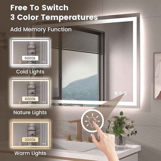 32"X32" LED Bathroom Mirror with Front Lights and Backlit, Anti-Fog, Dimmable, Shatter-Proof Tempered Glass, Lighted Bathroom Vanity Mirror for Wall with 3 Colors, Memory Function