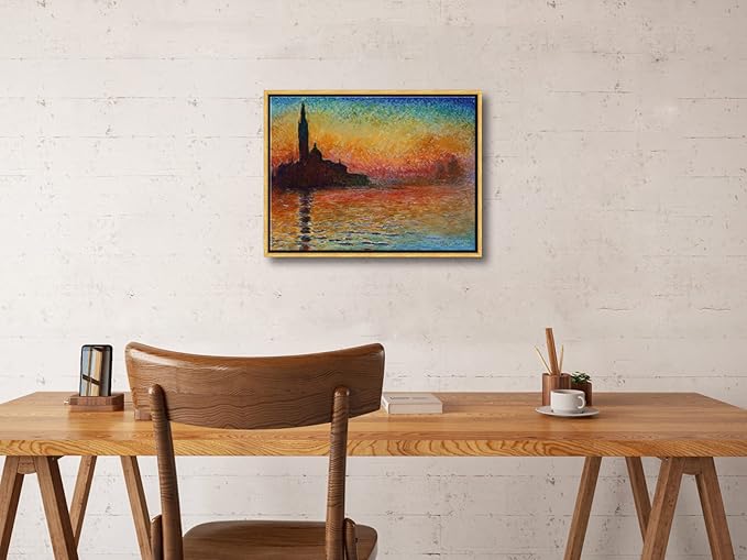 Wieco Art Framed Art Dusk in Venice by Claude Monet Oil Paintings Reproduction Modern Canvas Prints Landscape Pictures Artwork for Home office Decorations Bronze Gold Frame