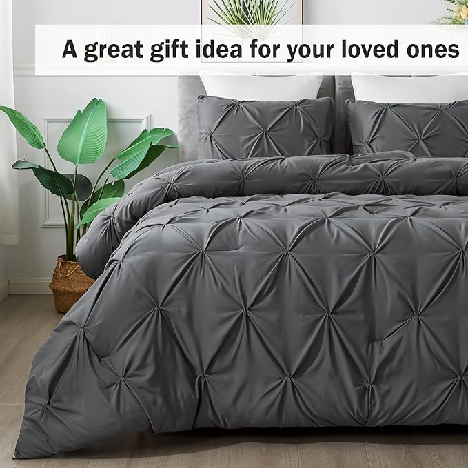 Andency Gray Pinch Pleat Comforter Twin(66x90Inch), 2 Pieces Grey Pintuck Bed, Microfiber Down Alternative Bedding Set with 1 Pillowcase