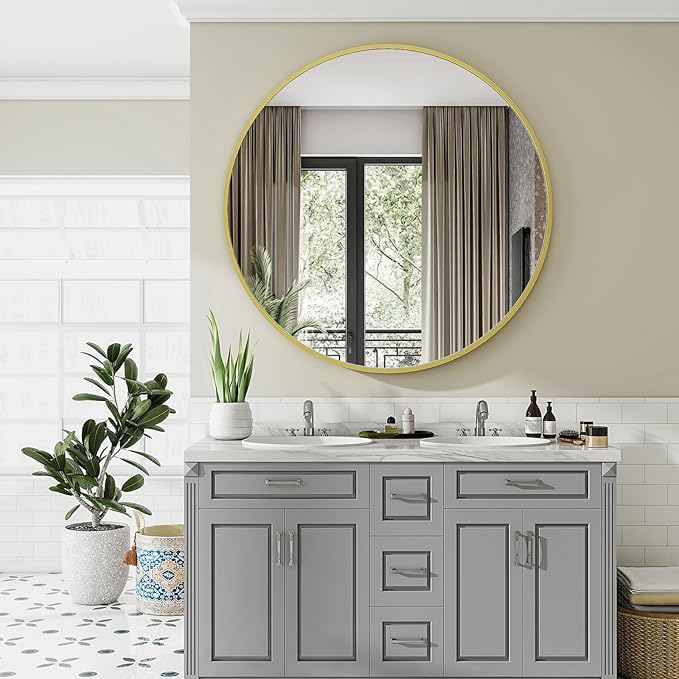 VooBang Black Round Bathroom Mirror, 42 inch Large Circle Wall Mounted Hanging Mirror with Simple Modern Circular Metal Frame for Hallway, Entryway, Living Room, Gold Frame