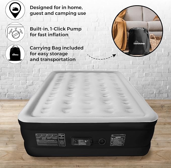 SoundAsleep Dream Series Luxury Air Mattress with ComfortCoil Technology & Built-in High Capacity Pump for Home & Camping- Double Height, Adjustable, Inflatable Blow Up, Portable - Queen Size