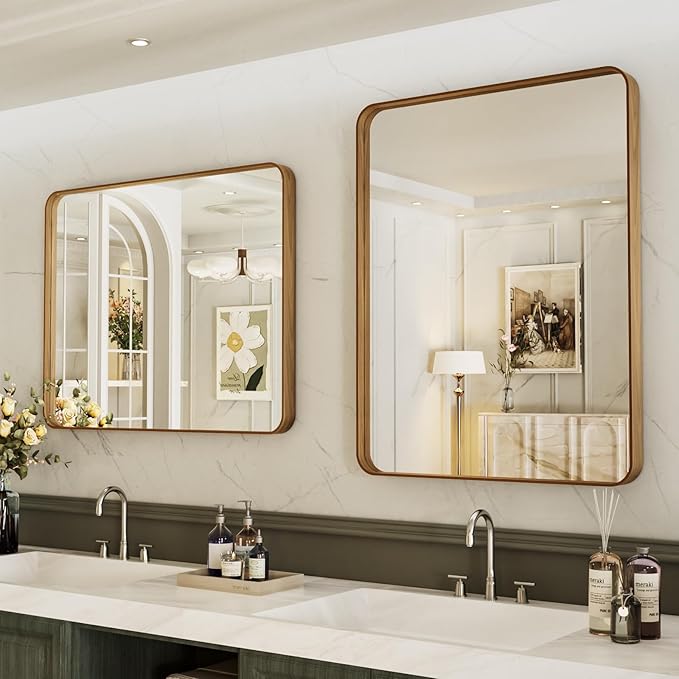 LOAAO 22X30 Inch Bathroom Mirror with Wood Grain Colored Metal Frame, Rounded Rectangle Metal Framed Bathroom Mirror, Anti-Rust, Hangs Horizontally or Vertically