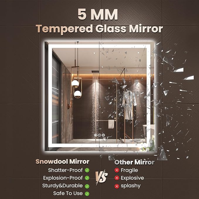 30"X36" LED Bathroom Mirror with Front Lights and Backlit, Anti-Fog, Dimmable, Shatter-Proof Tempered Glass, Lighted Bathroom Vanity Mirror for Wall with 3 Colors, Memory Function