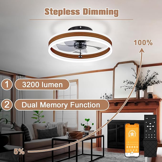 VOLISUN Fandelier Ceiling Fans with Lights and Remote, 15.7in Farmhouse Ceiling Fan Flush Mount, 3000K-6500K Dimmable Bladeless Ceiling Fan with Light, Modern Ceiling Fans with Lights for Bedroom