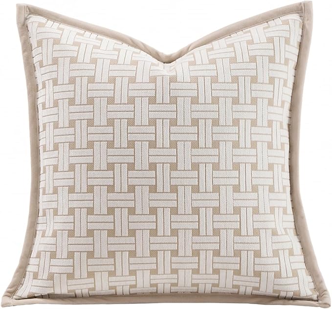 Premium Throw Pillow Covers 20x20 Inches - Framed Oatmeal Woven Whisper Grid Chenille Jacquard Embroidery Decorative Couch Pillow Covers for Living Room Bedroom Sofa