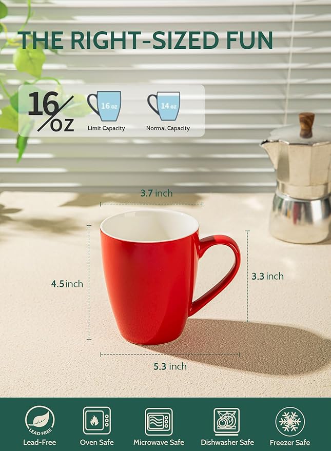 Sweese Porcelain Coffee Mugs - 16 Ounce (Top to the Rim) for Coffee, Latte, Tea, Cocoa, Set of 4, Red