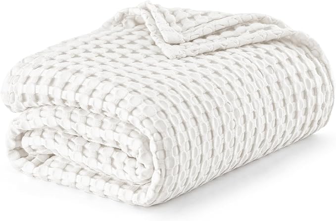 Bedsure Cooling Cotton Waffle Full Size Blanket - Lightweight Breathable Blanket of Rayon Derived from Bamboo for Hot Sleepers, Luxury Throws for Bed, Couch and Sofa, Ivory, 80x90 Inches