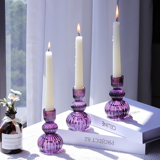 Woho Set of 6 Purple Taper Candle Holders 4.3" H for Halloween Decorations, Vintage Ribbed Glass Candlestick Holders for Wedding Table Centerpiece, Candle Sticks Holder Decor for Holiday Home Decor