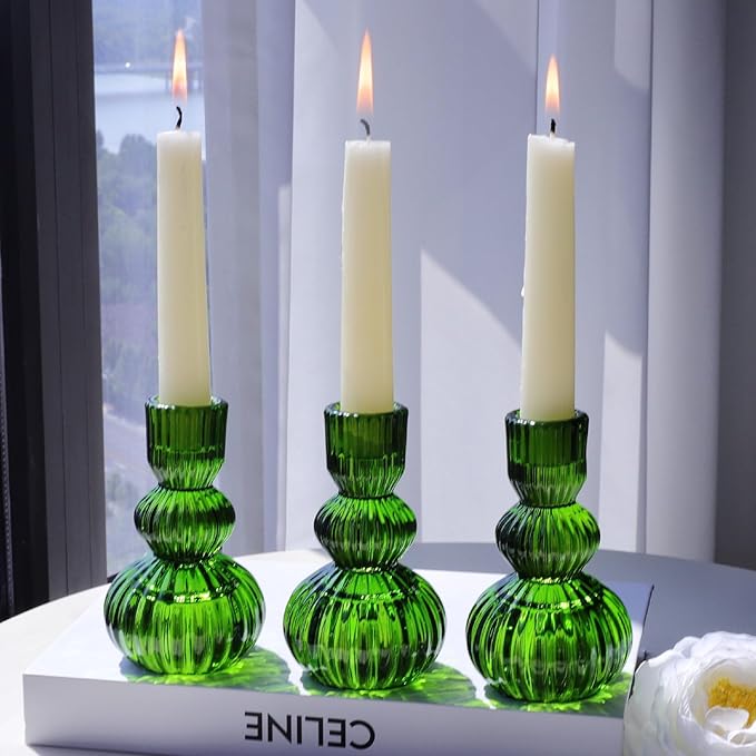 Woho Candlestick Holders Set of 6 for Christmas Decorations, 4.3" Ribbed Glass Taper Candle Holders for Spring Wedding Table, Vintage Candle Sticks Holder Decor for St. Patrick's Day/Daily Home Decor