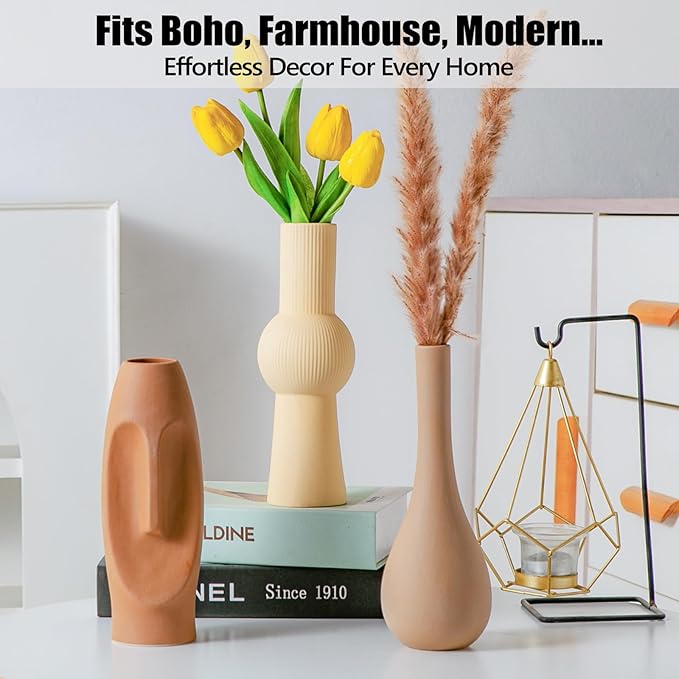 Ceramic Flower Vase Set of 3, Home Decor Vases for Centerpieces, Tulips Flowers Pampas Grass Decor, Boho Rustic Farmhouse Kitchen Bedroom Bathroom Living Room Office Wall Decor Aesthetic -Beige