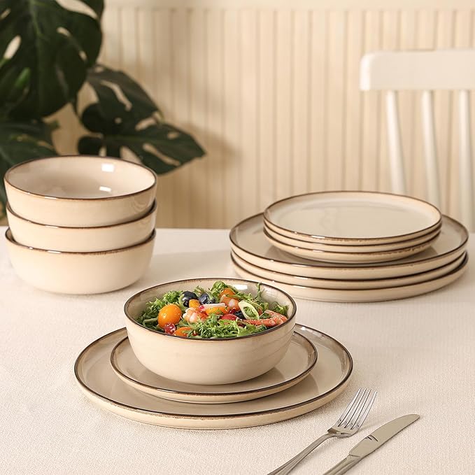 Ceramic Salad Dessert Plates Set: 8 inch Porcelain Reactive Glaze Plates Set, Mordern Stoneware Kitchen Dinnerware Dishes Set, Microwave & Dishwasher Safe, Scratch Resistant, Set of 4 (Beige)