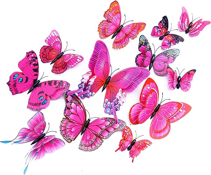 Butterfly Wall Decor 24/48 PCS, 3D Butterflies Stickers for Party Decorations with Magnets (Purple&red, 24)