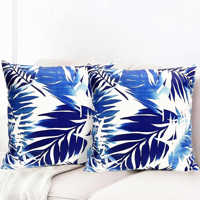 Decorative Throw Pillow Covers Set of 2 Blue Leaves of Tropical Pillow Covers 18x18 inch Soft Short Plush Square Throw Pillows,Farmhouse Outdoor Pillow Covers for Couch Sofa Living Room