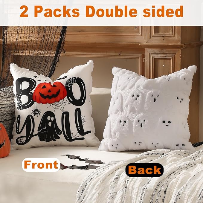 TOYPOPOR Halloween Decorations, 2 Packs Double Sided Ghost Pillow Covers, Soft Faux Fur Throw Pillow Cases, Indoor Outdoor Couch Cushion Case for Fall Autumn Bedroom Living Room Home Decor 20''x20''