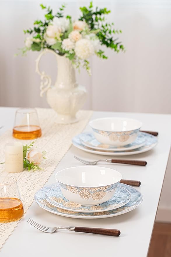 Bone China Plates and Bowels,12-Pieces Dinnerware Sets, Highly Chip and Crack Resistant, Dishwasher & Microwave Safe Dishes Set, Dense and Translucence