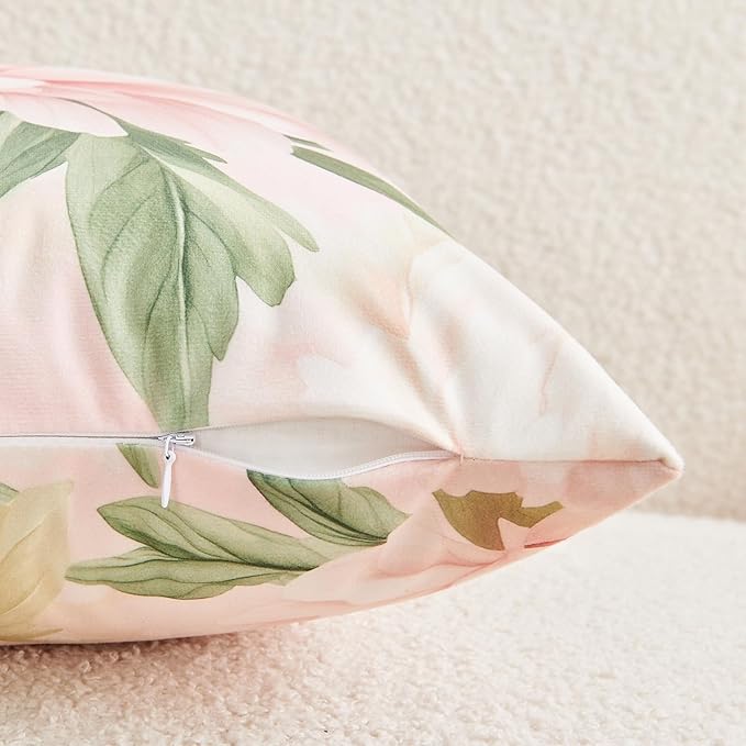 Pink Floral Throw Pillow Covers 20x20 Set of 2, Decorative Peony Flower Cushion Cases, Soft Plush Pillow Covers for Farmhouse Sofa Couch Bed Home Decor