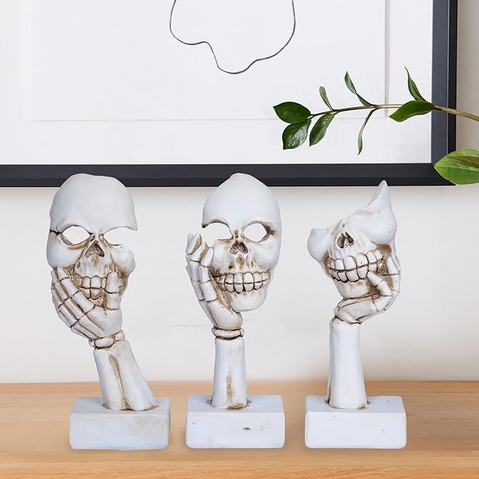 3 Pieces Face Halloween Skeleton Statue Mask Halloween Skull Figurine Home Decor 6.5”Funny Skeleton Collectible Figurines Gothic Desk Ornaments for Indoor Living room Office Table Shelf Bookshelf