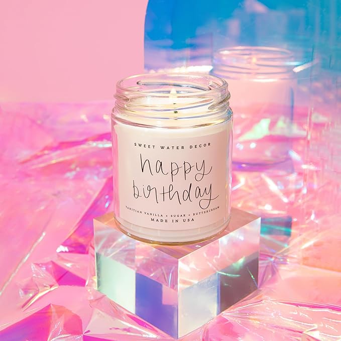 Sweet Water Decor Happy Birthday Soy Candle - Vanilla Sugar & Buttercream Sweet Scented Happy Birthday Candle Gift for Mom, Friends & Girls - 40 Hour Burn Time - 9oz - Non Toxic