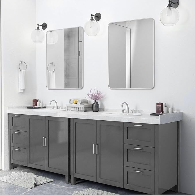 Silver Framed Bathroom Mirror, Brushed Nickel Large Rounded Corner Rectangle Wall Mirror, Tempered Glass, Shatter Proof, Anti-Rust, Hangs Horizontally or Vertically (28" x 36", Silver)