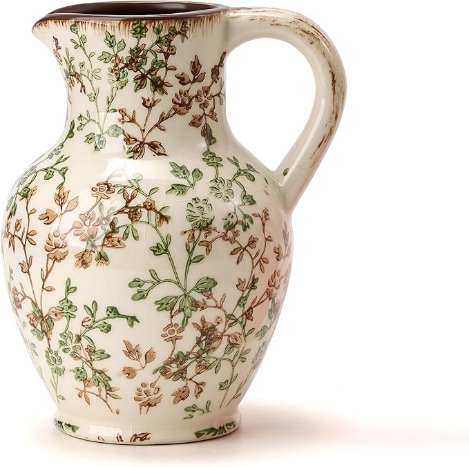 SIDUCAL Ceramic Vase with Handle, Vintage Vase, Chinoiserie Floral Vase for Home Decor, Table, Living Room, Shelf, Christmas Decoration (Green and Beige)