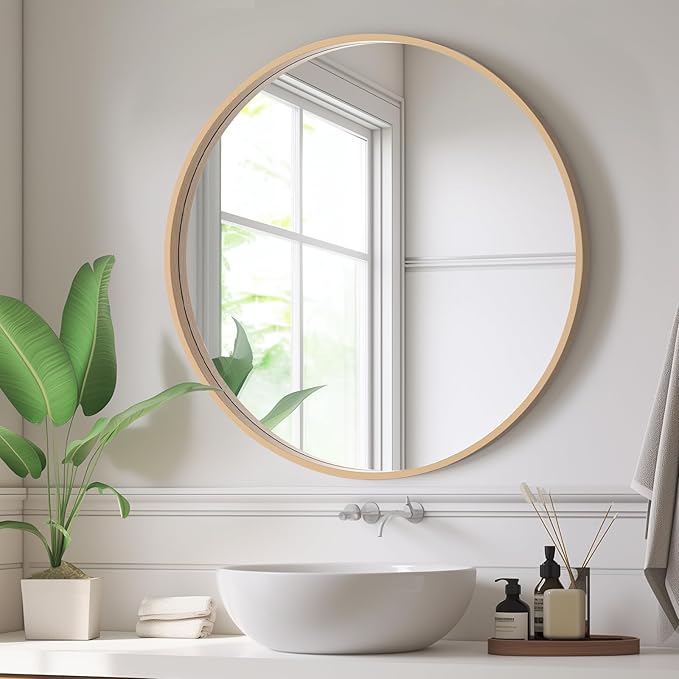 HOMECOOKIN Round Wood Mirror, 24" Round Bathroom Wall Mirror Circle Mirrors for Wall Decor, Vanity, Living Room, Bedroom, Entryway, Natural
