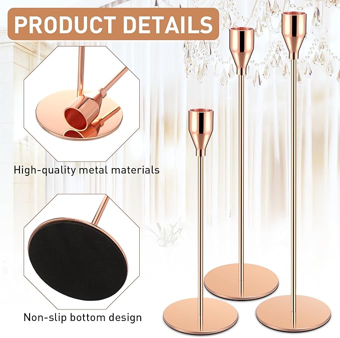 Set of 18 Tall Candlestick Holders Thin Metal Taper Candle Holders for Table Centerpiece Modern Decorative Pillar Candle Sticks Stand for Home Wedding Christmas Decoration(Rose Gold)