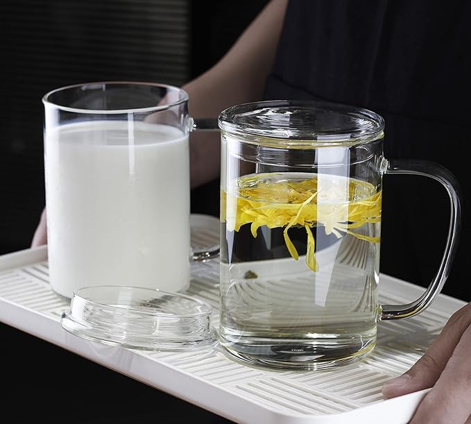 LUXU Glass Coffee Mugs (Set of 2),27oz Large Glass Coffee Cups Clear Glass Tea Cups Overnight Oats Containers with Glass Lid,Cute Coffee Bar Accessories,Iced Coffee Glasses for Latte,Cereal,Yogur