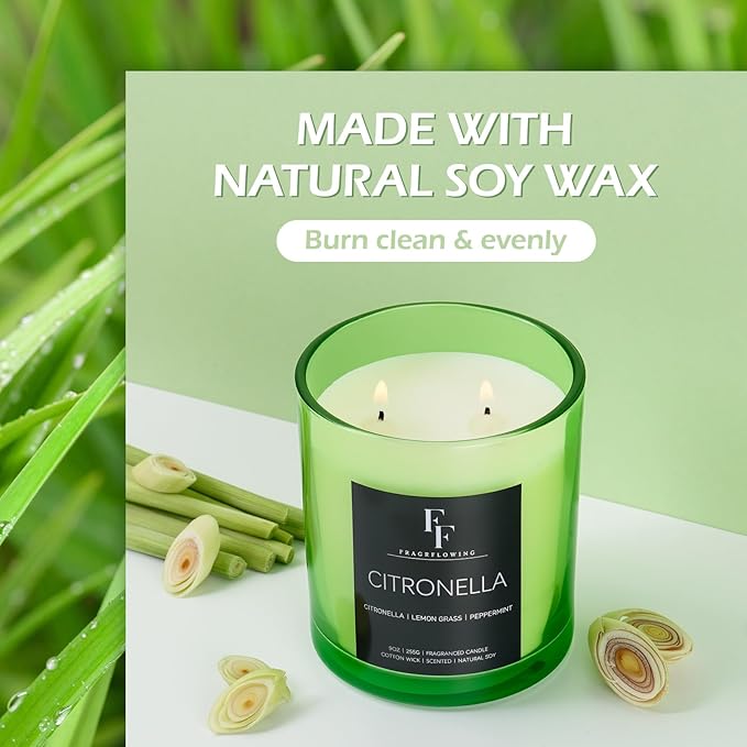 Citronella Candles Outdoor, 2-Wick Outdoor Indoor Scented Candle, Jar Candles for Home Scented, Long Lasting Natural Soy Candle, Summer Scents of Citronella/Lemon Grass/Peppermint, 9 oz