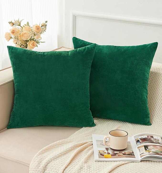 Pack of 2 Christmas Green Pillow Covers 16x16 Inch Decorative Throw Pillow Cover, Velvet Emerald Pillowcases for Couch Sofa Bed, Home Boho Decor, Modern Soft Cushion Covers