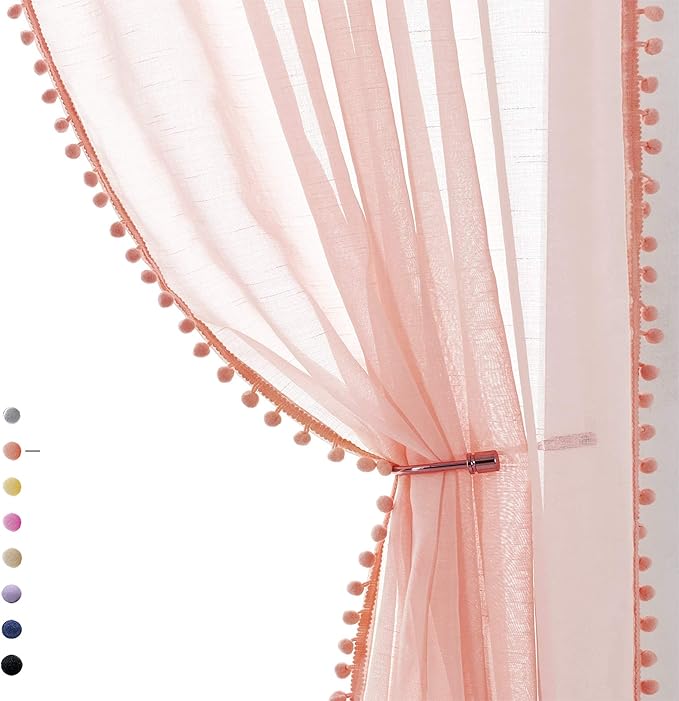 Treatmentex Pompom Sheer Curtain Panels for Living Room Bedroom 52" w x 108" l Blush-Pink Window Curtain Drapes for Baby Girl's Room