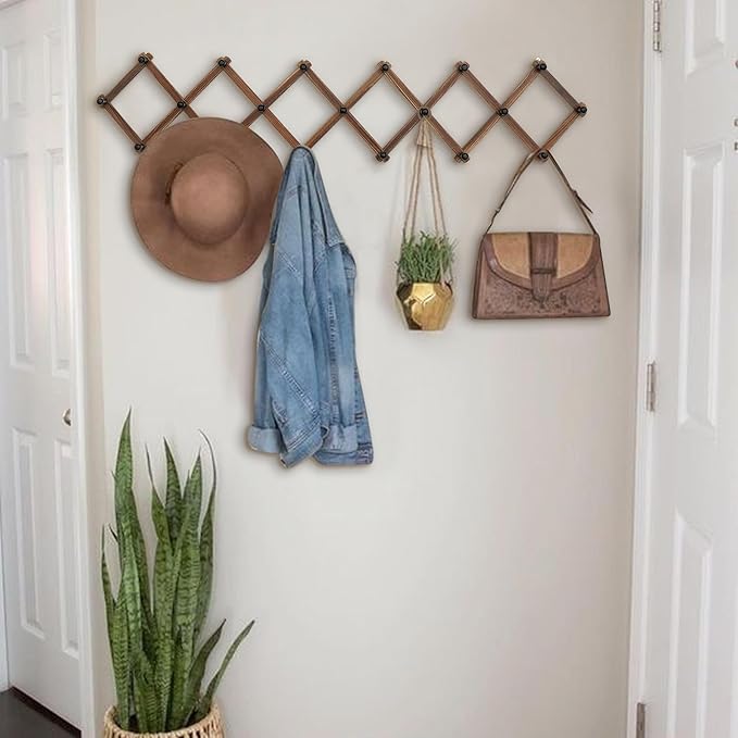 WGFKVAS Expandable Coat Rack, Accordion Wall Hangers, 19 Hooks Wooden Hat Rack Wall Mounted, Hat Hooks for Keys, Coffee Mug, Coats