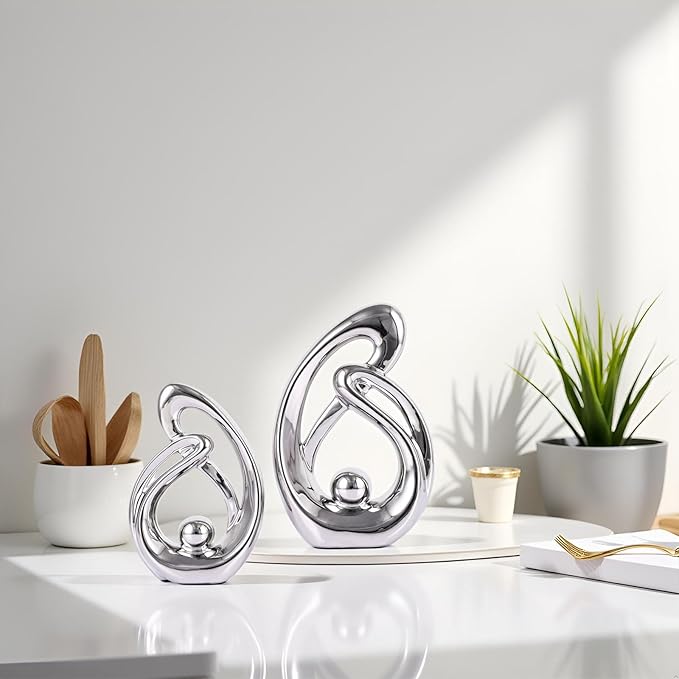 XMGZQ Home Decor Accent,Porcelain Art Mid Century Bookshelf Decorations,Gold Centerpieces for Tables,Abstract Ceramic Statue Sculpture for Coffee Table Mantel Tv Stand Centerpieces (Silver, Small)