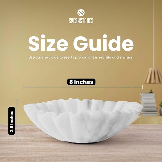 Marble Ruffle Bowl 8 Inch Handmade White Large Decorative Bowls for Home Decor - Scalloped Fruit Bowl for Kitchen Counter, Fluted Bowls for Housewarming Gifts & Coffee Table Decor