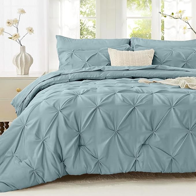 Sasttie Full Size Comforter Set, 7-Piece Bed in a Bag, Pintuck Bedding Sets for All Season, Includes Comforter, Flat Sheet, Fitted Sheet, Pillowcases and Pillowshams, Greylish Blue