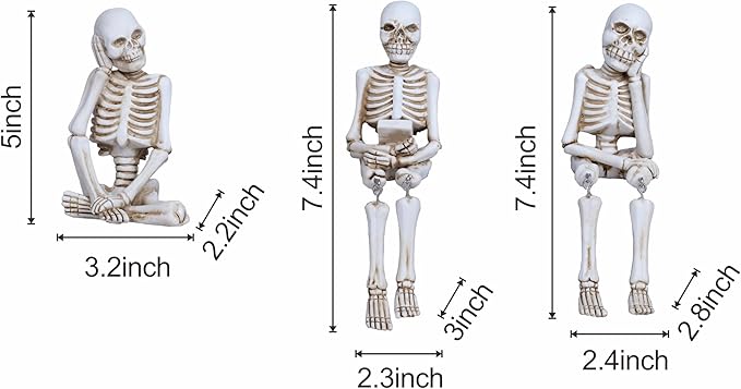 3 Pieces Halloween Skeleton Statue Realistic Halloween Skull Figurine Home Decor Funny Sitting Skeleton Collectible Figurines Decoration for Indoor Living Room Office Table Shelf Bookshelf