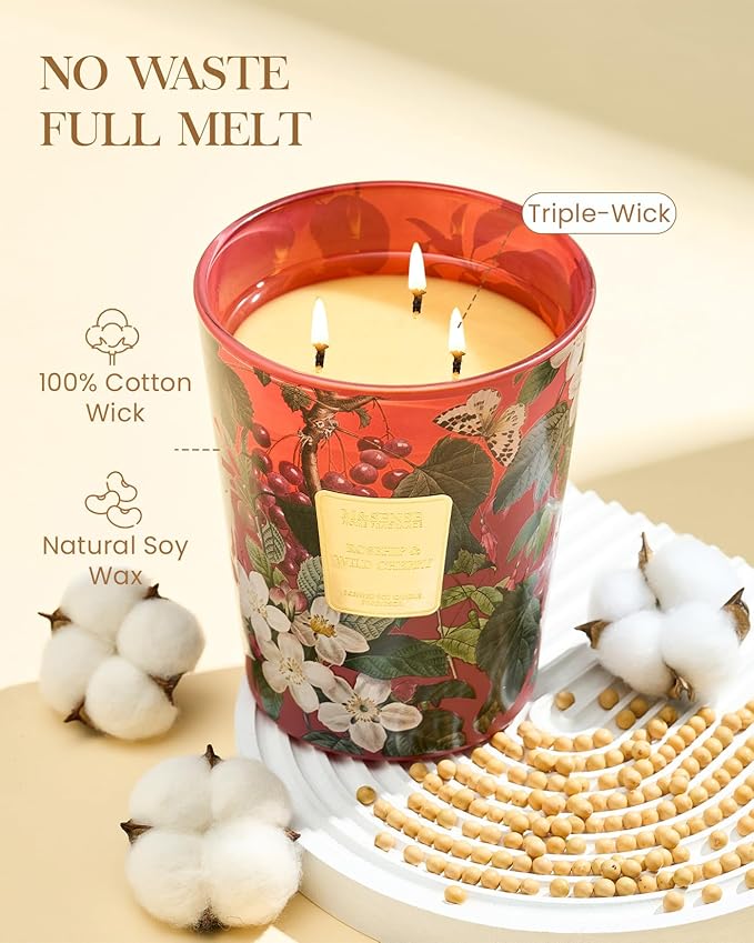 M&SENSE Wild Cherry Scented Candle 3 Wick, 35oz 150H Long Lasting, Soy Candles Fall Winter Stress Relief Romantic Festival Thanksgiving Christmas Gifts for Women Home Decor
