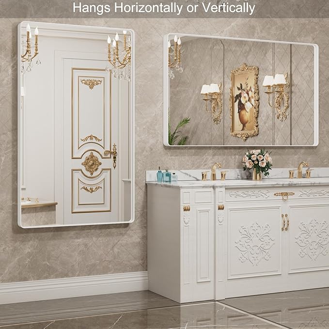 LOAAO 60x40 Inch White Metal Framed Bathroom Mirror for Wall, White Bathroom Vanity Mirror Farmhouse, Large Rounded Rectangle Mirror, Anti-Rust, Tempered Glass, Hangs Horizontally or Vertically