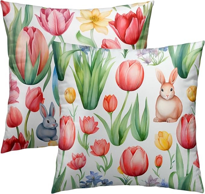 Easter Day Throw Pillow Covers - Sping Bunny Pillow Covers 16x16 Inch Set of 2 Floral Rabbit Pillowcase Colored Tulip Flower Cushion Cover for Couch Sofa Garden Patio