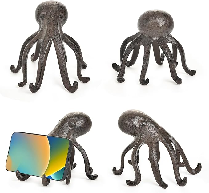 Sungmor Cast Iron Octopus Statue, Decorative Bookend, Cute Sculpture on Bookshelf or Desk, Creative Cell Phone Holder, Octopus Stand for Tablet, Black Brown