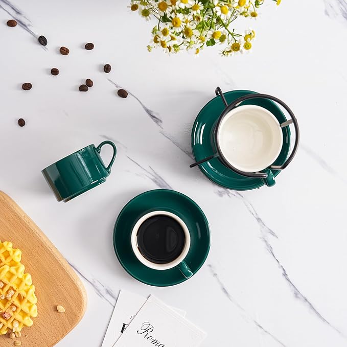 4oz Porcelain Stackable Espresso Cups with Saucers and Metal Stand Set of 4, Stackable Cappuccino Cups, Green Expresso Shots Cup Set for Coffee Drinks, Latte, Americano, Tea