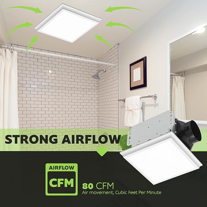 Homewerks 7141-80-G4 Bathroom Fan Integrated LED Light Ceiling Mount Exhaust Ventilation Whisper Quiet 1.1 Sones 80 CFM, White