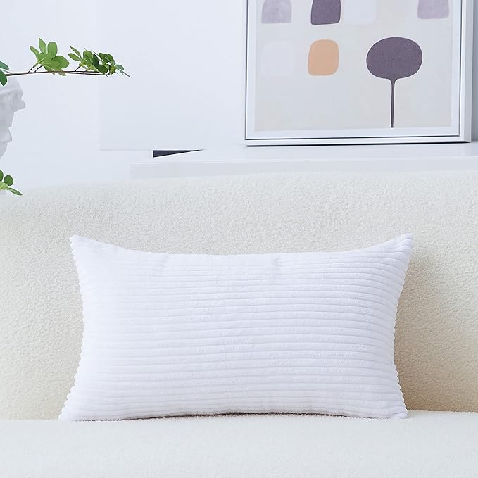 Home Brilliant Oblong Pillow Cover Decorative Striped Corduroy Rectangle Cushion Cover for Couch, Spring Decor 12 x 20 Inch, Pure White