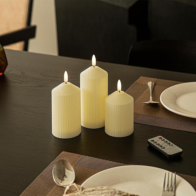 Flameless Candles with Remote, 3 Pack Battery Operated Candles Real Wax LED Fake Pillar Candles with Timer Flickering Battery Candle for Wedding Home Party, Ivory