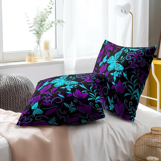 Teal Purple Butterfly Pillow Covers - Butterflies Throw Pillow Covers Floral Pillowcases Flowers Cushion Cover for Sofa Bedroom Patio 16x16 Inch