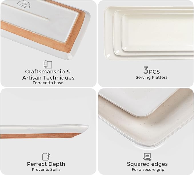 AmorArc Ceramic Serving Platter,Rectangular 16"/14.3"/12.6" inch Serving Dishes for Party Entertaining,Stoneware Serving Trays forTurkey,Salad,Microwave&Dishwasher Safe-Set of 3-Light Beige
