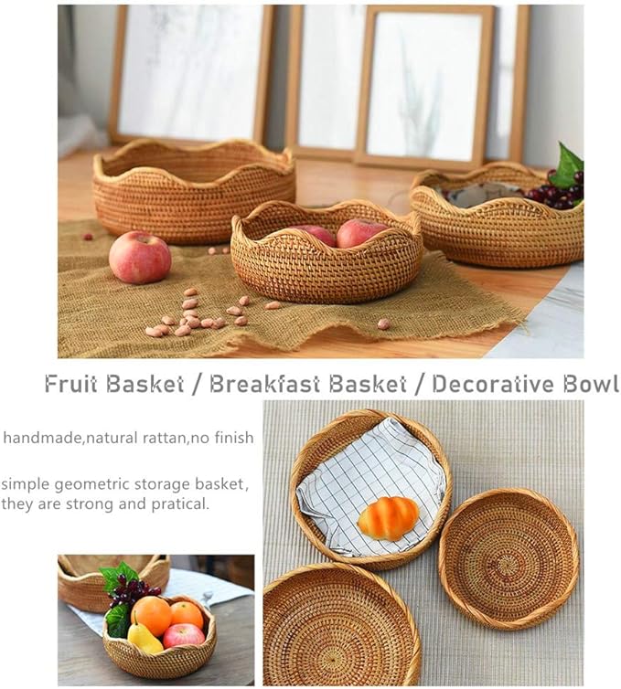 Handmade Rattan Round Fruit Basket Food Storage Bowls Kitchen Organizer Snack Serving Bowl Wavy Edge Circle Tray Basket, Boho Home Décor Display Tray for Table, Dining Room (Medium 10.2")